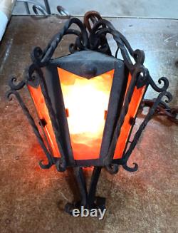 1 Vintage Electric Yellow Stained-Glass Gothic Hanging Wrought Iron Lamp Light