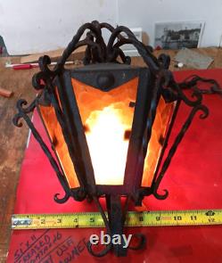 1 Vintage Electric Yellow Stained-Glass Gothic Hanging Wrought Iron Lamp Light