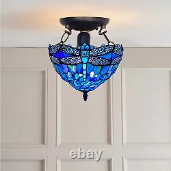 10 inch Tiffany Blue Dragonfly Ceiling Lamp Stained Glass Shade Antique Style