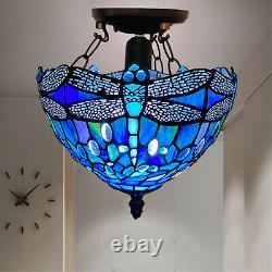 10 inch Tiffany Blue Dragonfly Ceiling Lamp Stained Glass Shade Antique Style