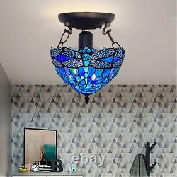 10 inch Tiffany Blue Dragonfly Ceiling Lamp Stained Glass Shade Antique Style