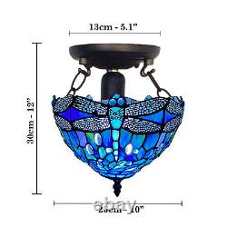 10 inch Tiffany Blue Dragonfly Ceiling Lamp Stained Glass Shade Antique Style