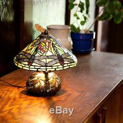 10inch H Stained Glass Mini Dragonfly Table Lamp with Mosaic Base Yellow