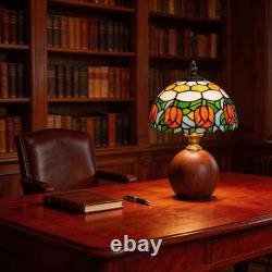 12.2 Tiffany Style Lamp, Handcrafted Stained Glass Table Lamp with Solid Wood B