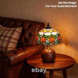 12.2 Tiffany Style Lamp, Handcrafted Stained Glass Table Lamp with Solid Wood B