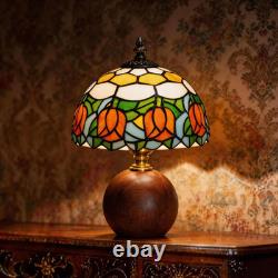 12.2 Tiffany Style Lamp, Handcrafted Stained Glass Table Lamp with Solid Wood B