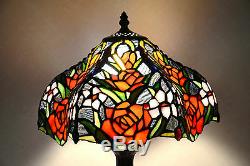 12W Rose Flowers Stained Glass Handcrafted Table Desk Lamp, Zinc Base