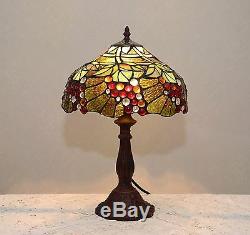 12W Zinc Base Grape Vine Handcrafted Stained Glass Jeweled Table Desk Lamp