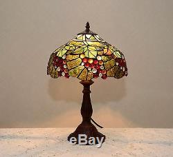 12W Zinc Base Grape Vine Handcrafted Stained Glass Jeweled Table Desk Lamp