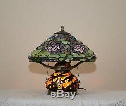 16 Handcrafted Stained Glass Dragonfly Lotus Water Lily Table Lamp 2 Lights