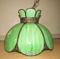 16 Vtg GREEN STAINED SLAG GLASS HANGING Lamp Tiffany Style Light Chandelier