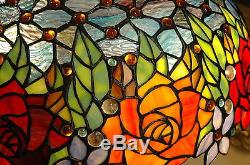 16W Rose Flower Jeweled Stained Glass Handcrafted Table Desk Lamp, Zinc Base
