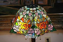 16W Roses Stained Glass Handcrafted Table Desk Lamp, Zinc Base