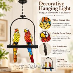 18.1 In Tiffany Style Double Parrot Stained Glass 2-Light Pendant Lamp E26