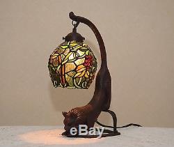 18.5H Cat/ Grape Vine Stained Glass Handcrafted Table Desk Lamp Night Light