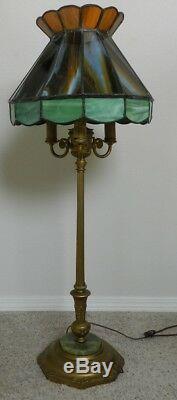 1920's Antique Rembrandt corner lamp leaded stained glass shade & brass stem