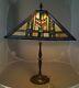 1920s 30s Leaded Stained Glass Shade Rare Brass Base Electric Table Lamp