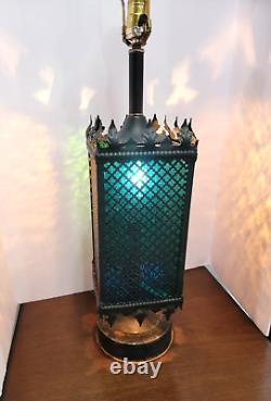1970s Mid Century Metal Gothic Stained Glass Grated Multi Color Lamp VERY HEAVY