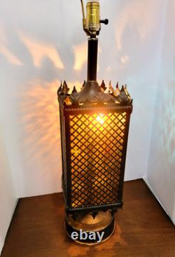 1970s Mid Century Metal Gothic Stained Glass Grated Multi Color Lamp VERY HEAVY