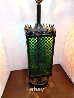 1970s Mid Century Metal Gothic Stained Glass Grated Multi Color Lamp VERY HEAVY