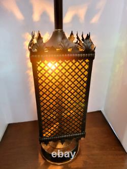 1970s Mid Century Metal Gothic Stained Glass Grated Multi Color Lamp VERY HEAVY