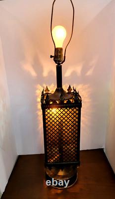 1970s Mid Century Metal Gothic Stained Glass Grated Multi Color Lamp VERY HEAVY