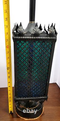 1970s Mid Century Metal Gothic Stained Glass Grated Multi Color Lamp VERY HEAVY