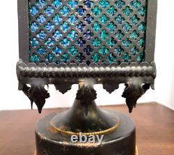 1970s Mid Century Metal Gothic Stained Glass Grated Multi Color Lamp VERY HEAVY