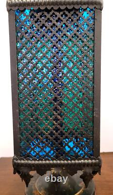 1970s Mid Century Metal Gothic Stained Glass Grated Multi Color Lamp VERY HEAVY