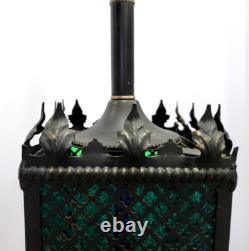 1970s Mid Century Metal Gothic Stained Glass Grated Multi Color Lamp VERY HEAVY