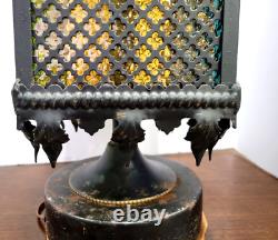 1970s Mid Century Metal Gothic Stained Glass Grated Multi Color Lamp VERY HEAVY