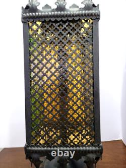 1970s Mid Century Metal Gothic Stained Glass Grated Multi Color Lamp VERY HEAVY