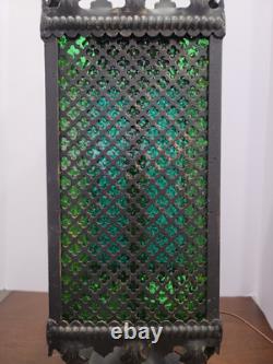 1970s Mid Century Metal Gothic Stained Glass Grated Multi Color Lamp VERY HEAVY