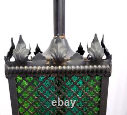 1970s Mid Century Metal Gothic Stained Glass Grated Multi Color Lamp VERY HEAVY