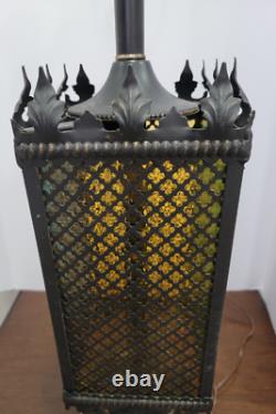 1970s Mid Century Metal Gothic Stained Glass Grated Multi Color Lamp VERY HEAVY