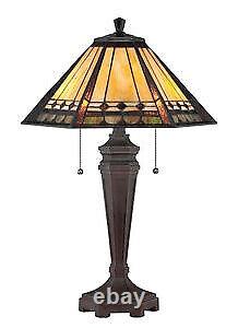 2 Light Mission Tiffany Table Lamp with Geometric Stained Glass Panels and Pull