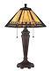 2 Light Mission Tiffany Table Lamp With Geometric Stained Glass Panels And Pull