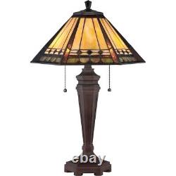 2 Light Mission Tiffany Table Lamp with Geometric Stained Glass Panels and Pull