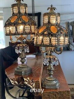 2 Vintage Brass Filigree Stained Slag Glass Hollywood Regency Lamp 38 Tall