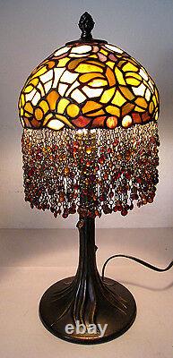 21 Vtg Tiffany Style Table Lamp Multi-Color Stained Glass Beaded Tree Trunk