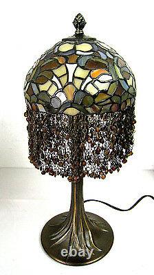 21 Vtg Tiffany Style Table Lamp Multi-Color Stained Glass Beaded Tree Trunk