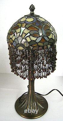 21 Vtg Tiffany Style Table Lamp Multi-Color Stained Glass Beaded Tree Trunk