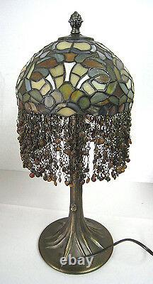 21 Vtg Tiffany Style Table Lamp Multi-Color Stained Glass Beaded Tree Trunk