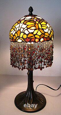 21 Vtg Tiffany Style Table Lamp Multi-Color Stained Glass Beaded Tree Trunk