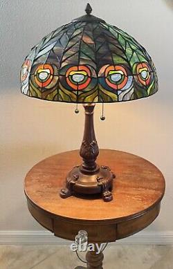 22 Tiffany Style Stained Glass Table Lamp Double Strand Peacock Colors