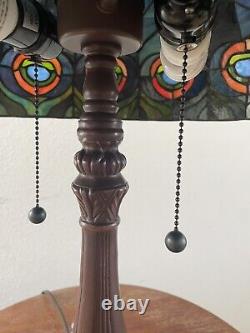 22 Tiffany Style Stained Glass Table Lamp Double Strand Peacock Colors