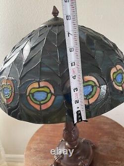 22 Tiffany Style Stained Glass Table Lamp Double Strand Peacock Colors