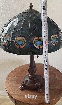 22 Tiffany Style Stained Glass Table Lamp Double Strand Peacock Colors