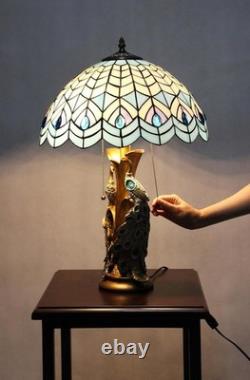 23.5 Tiffany Style Stained Glass Victorian Peacock Blue Table Desk Lamp