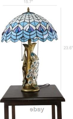 23.5 Tiffany Style Stained Glass Victorian Peacock Blue Table Desk Lamp